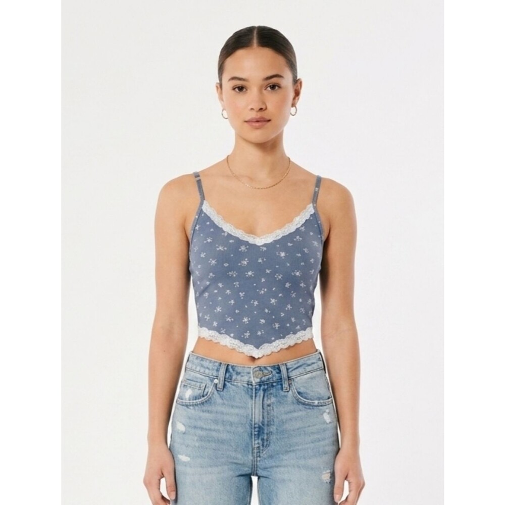 ​Hollister Blue Floral Lace Trim Ribbed Crop Top S Y2k Cottagecore Romantic